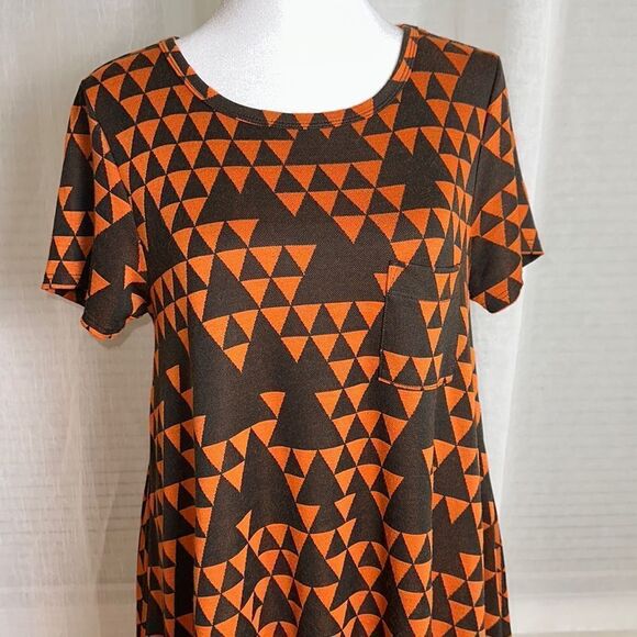LLR S Carly Black Orange Triangular Print Crewneck Short Sleeve Hi Low Dress - Picture 3 of 12